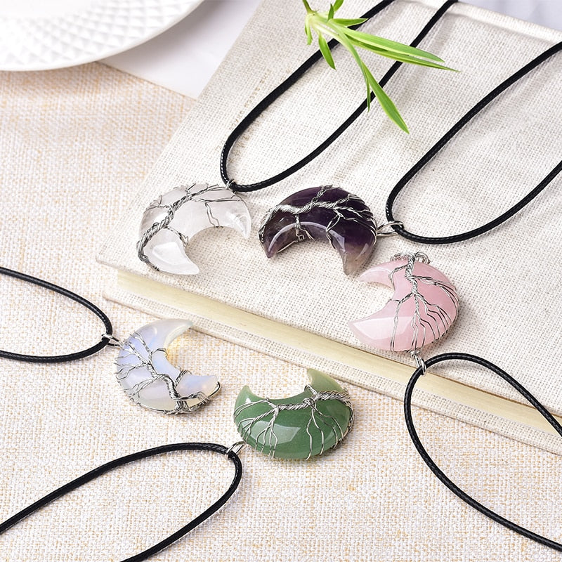 Crystal Tree Of Life Moon Shape Stone For Men Women Jewelry