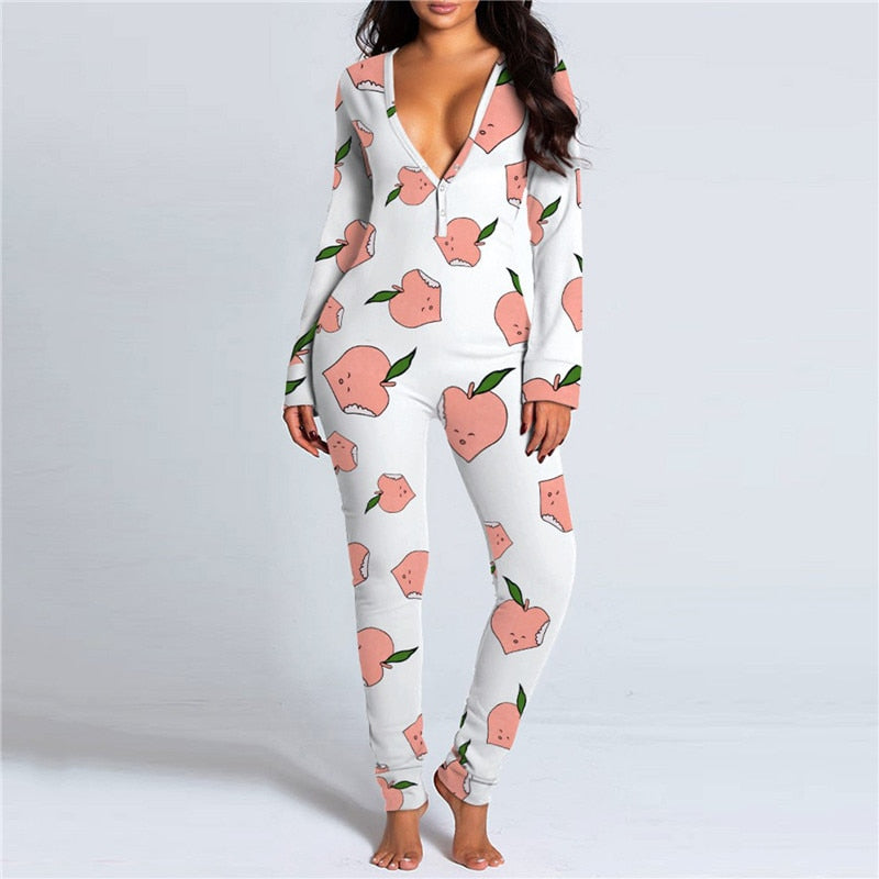 Sexy Women Long Sleeve Pajamas Onesies Button-down
