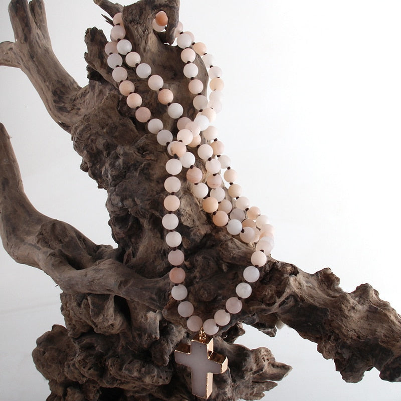 Women Bohemian Tribal 8mm Natural Stones Knotted Necklace