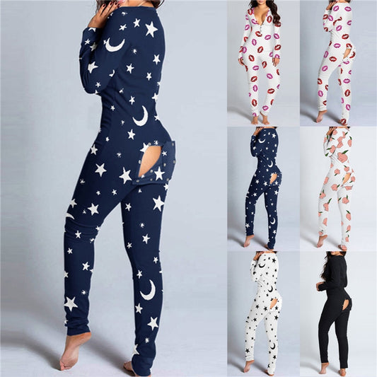 Sexy Women Long Sleeve Pajamas Onesies Button-down