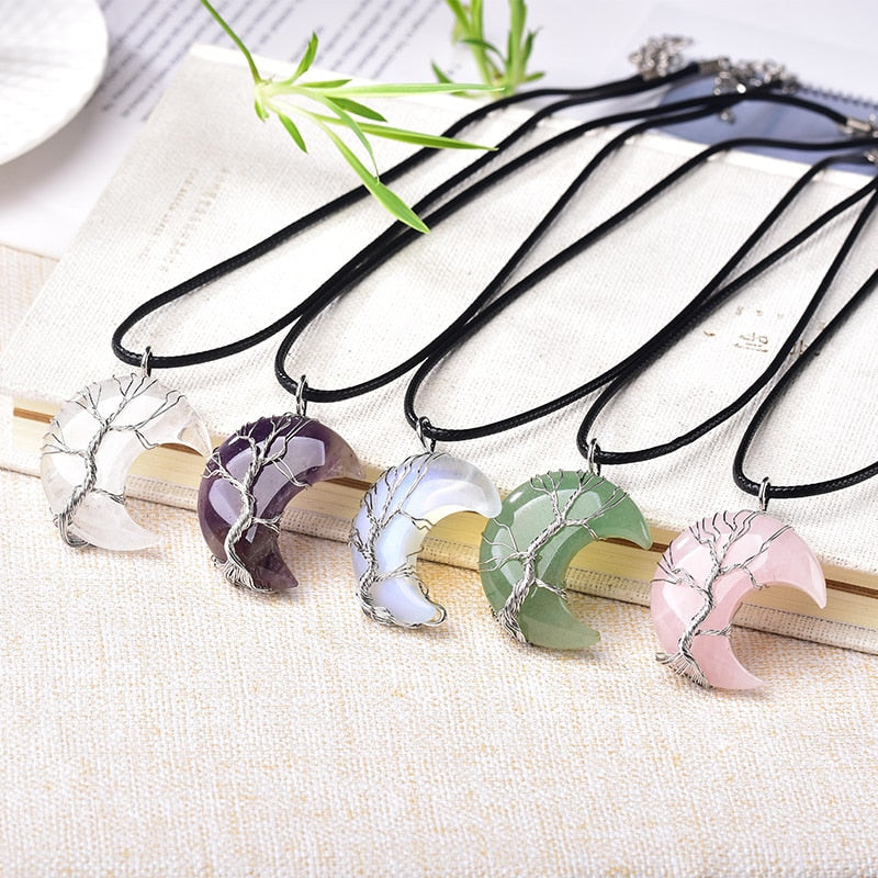 Crystal Tree Of Life Moon Shape Stone For Men Women Jewelry