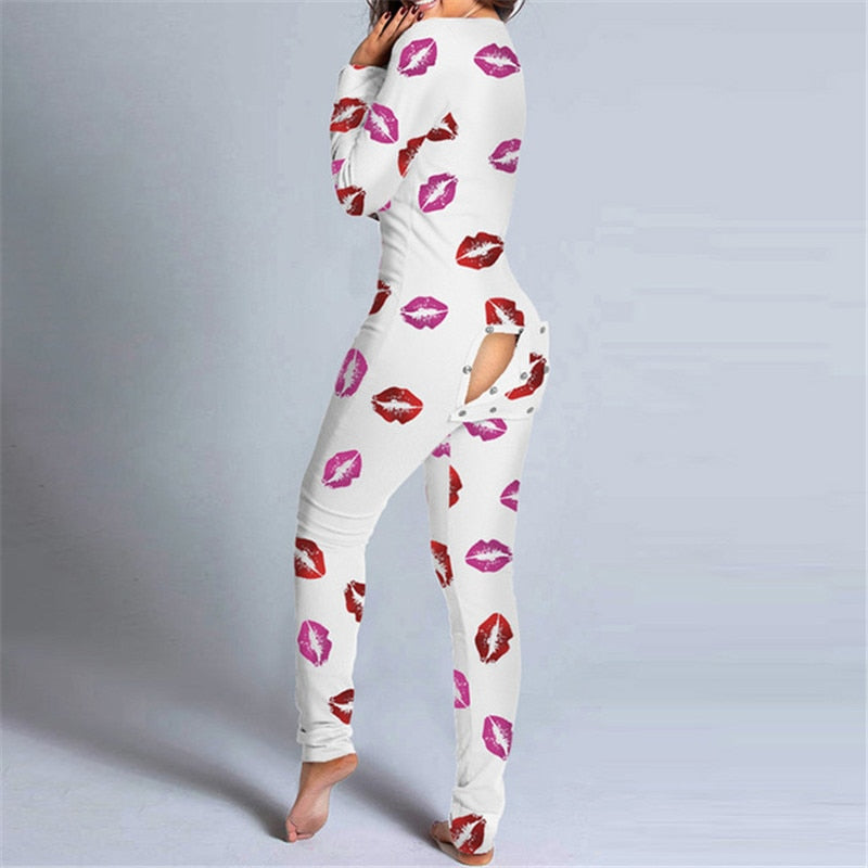 Sexy Women Long Sleeve Pajamas Onesies Button-down