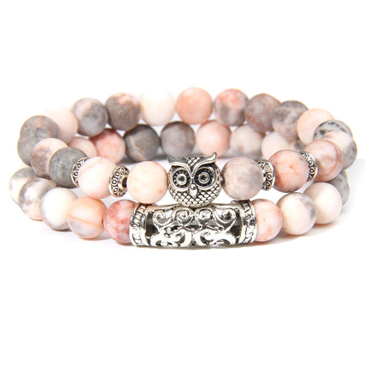 Pink Owl Charm Zebra Stone Beads Bracelet Women Fashion