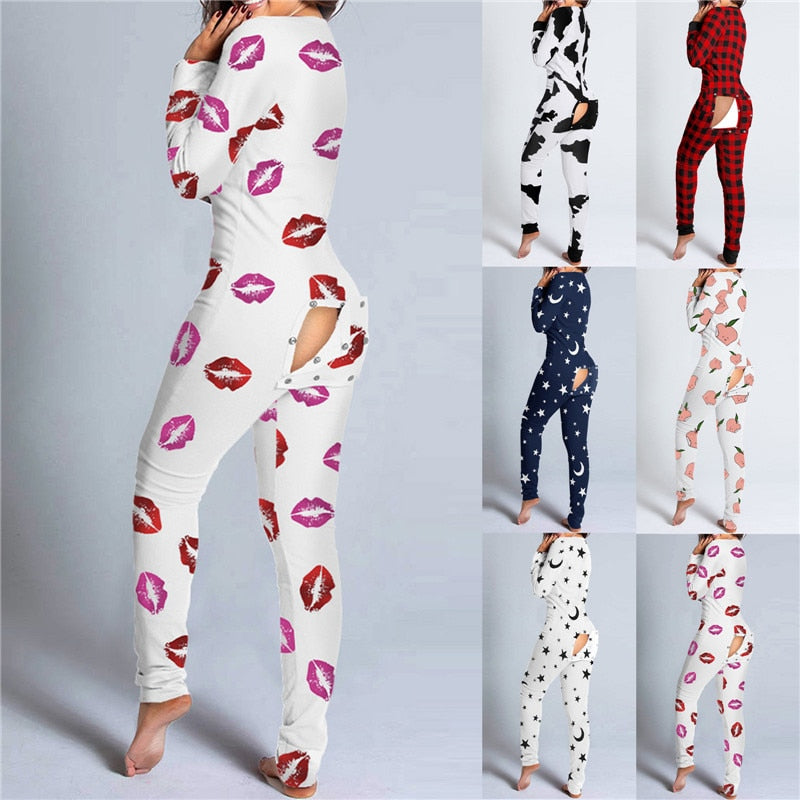 Sexy Women Long Sleeve Pajamas Onesies Button-down