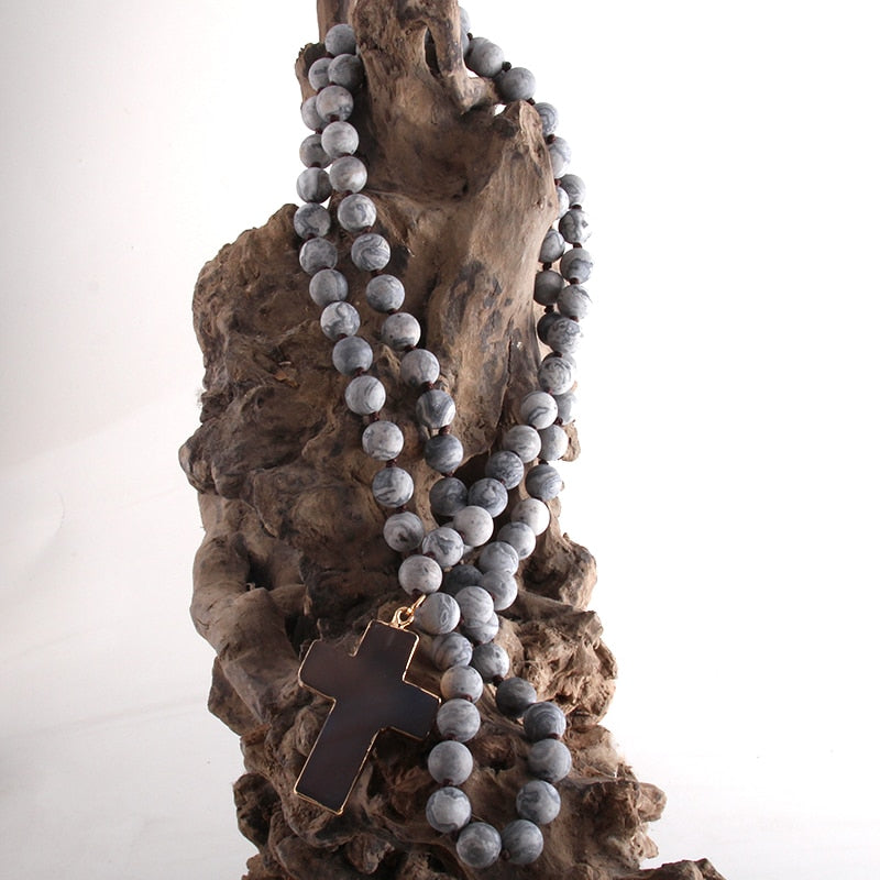 Women Bohemian Tribal 8mm Natural Stones Knotted Necklace