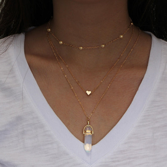 Vintage Multi Layer Crystal Heart Stone Chokers Necklaces
