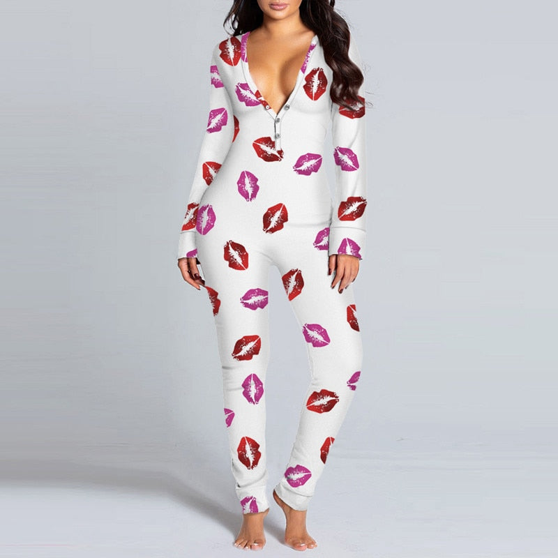 Sexy Women Long Sleeve Pajamas Onesies Button-down