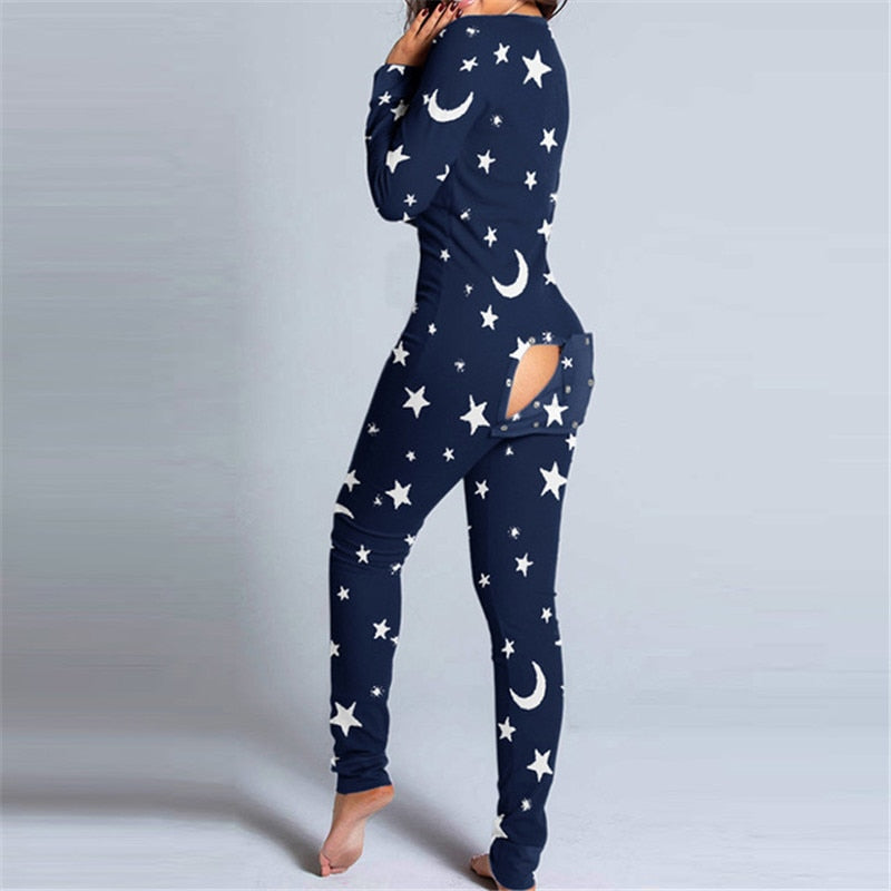 Sexy Women Long Sleeve Pajamas Onesies Button-down