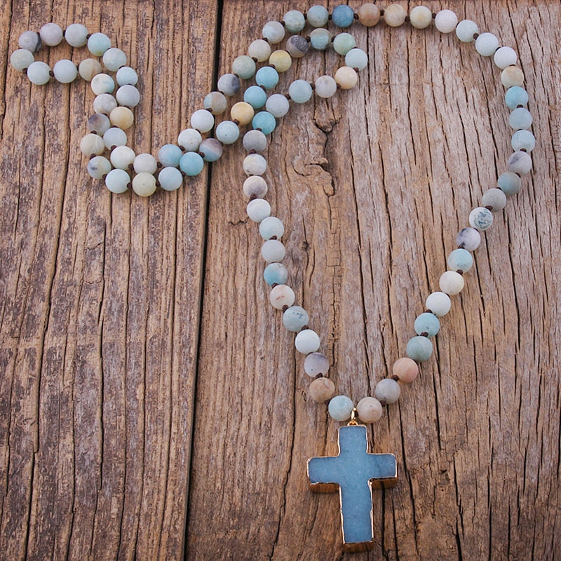 Women Bohemian Tribal 8mm Natural Stones Knotted Necklace