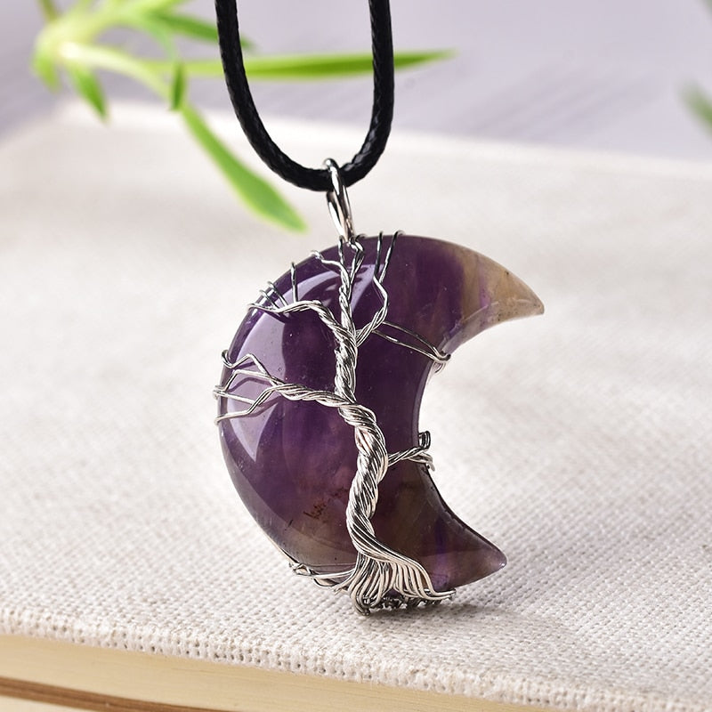 Crystal Tree Of Life Moon Shape Stone For Men Women Jewelry