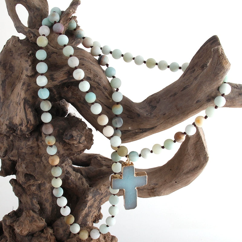 Women Bohemian Tribal 8mm Natural Stones Knotted Necklace