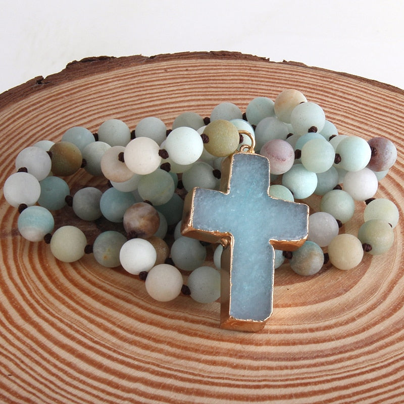 Women Bohemian Tribal 8mm Natural Stones Knotted Necklace