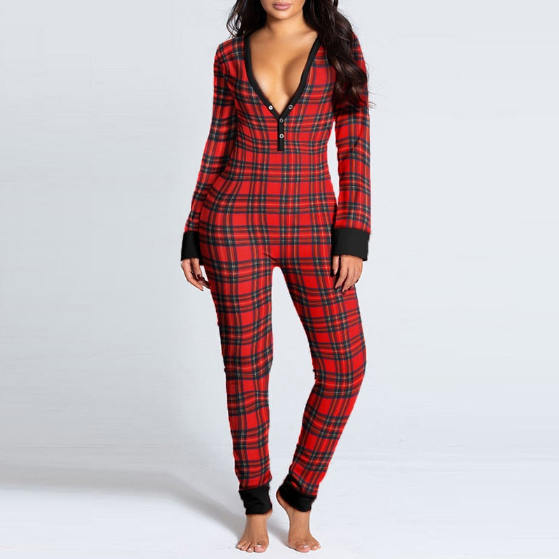 Sexy Women Long Sleeve Pajamas Onesies Button-down